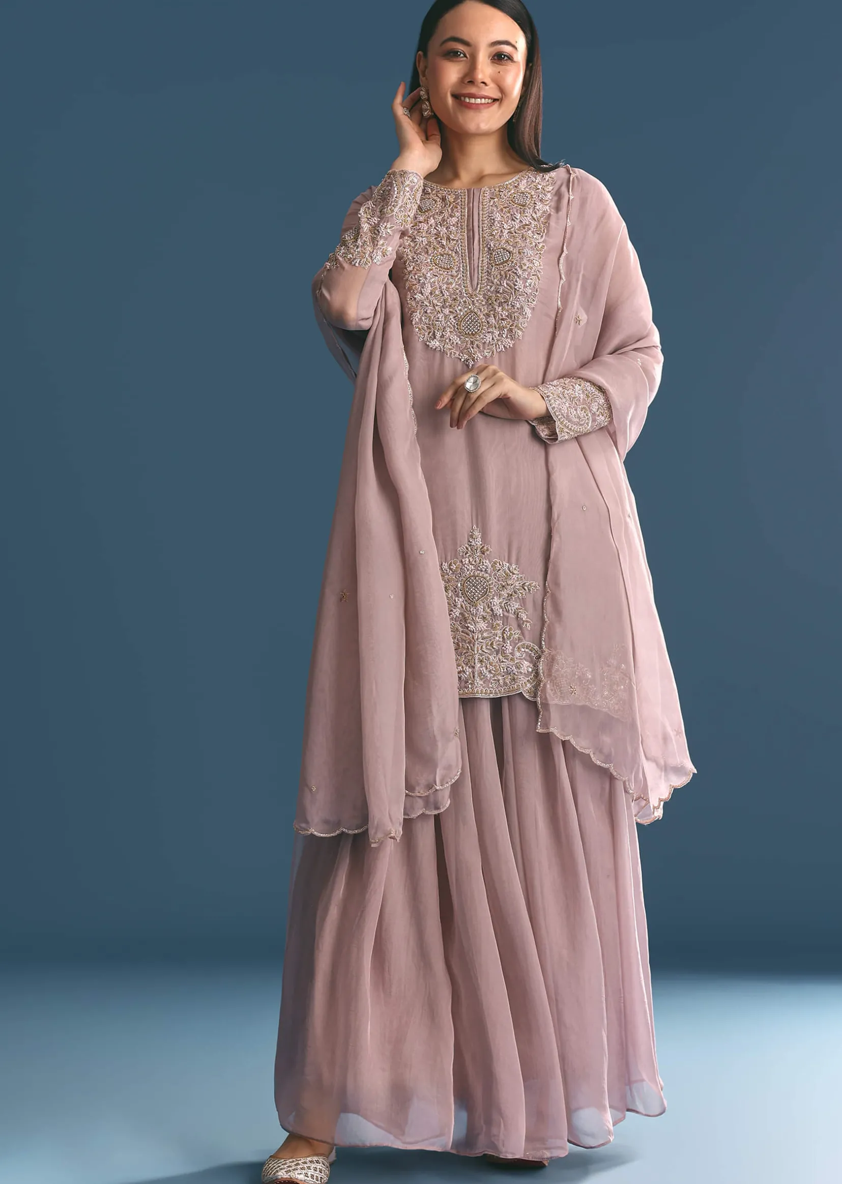 Lavender Organza Kurta Palazzo Suit With Zardosi Work