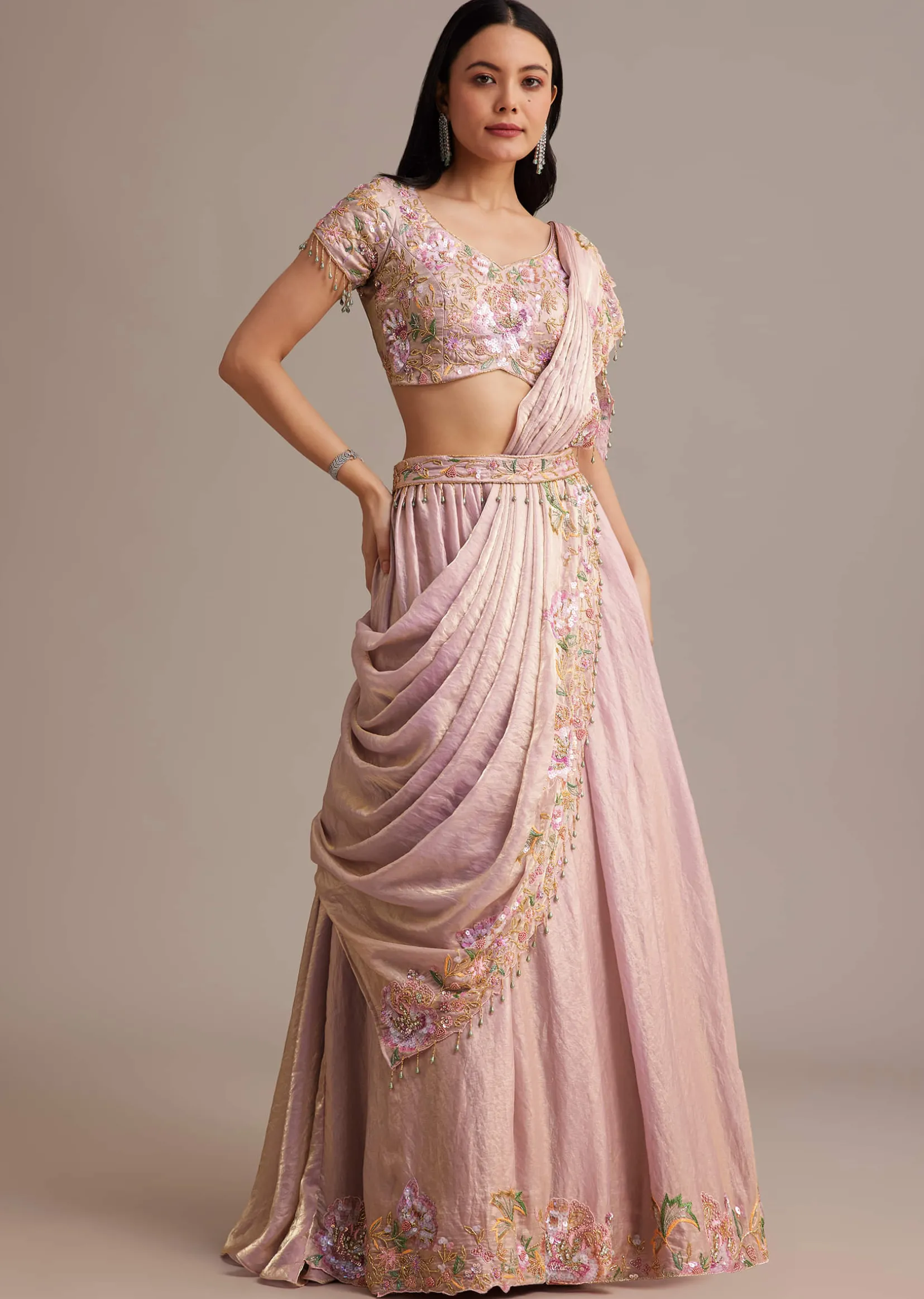 Lavender Organza Tissue Lehenga Set With Sequins And Bead Work