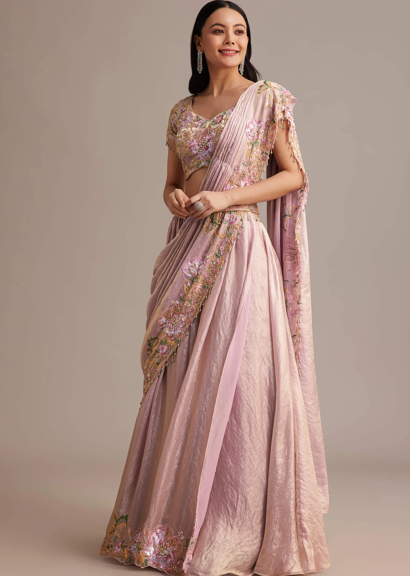 Lavender Organza Tissue Lehenga Set With Sequins And Bead Work