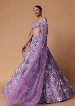 Lavender Pearl Embellished Lehenga With Off Shoulder Draped Cape