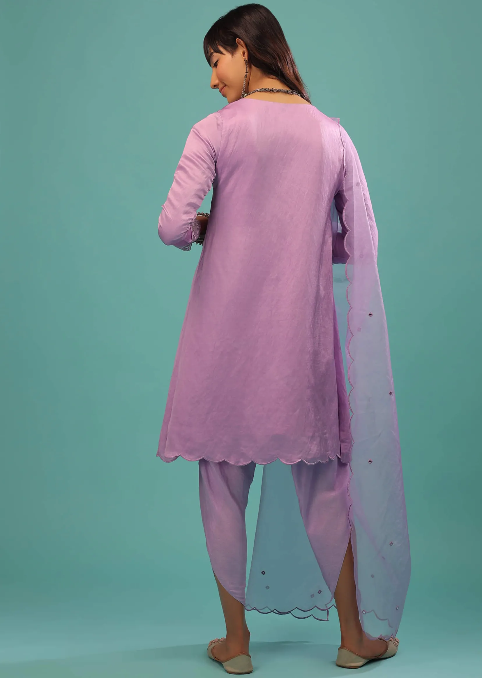 Lavender Purple Linen Silk Dhoti Suit With Floral Embroidered Organza Cuffs
