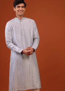 Lavender Purple Mirror Embroidered Silk Kurta Set
