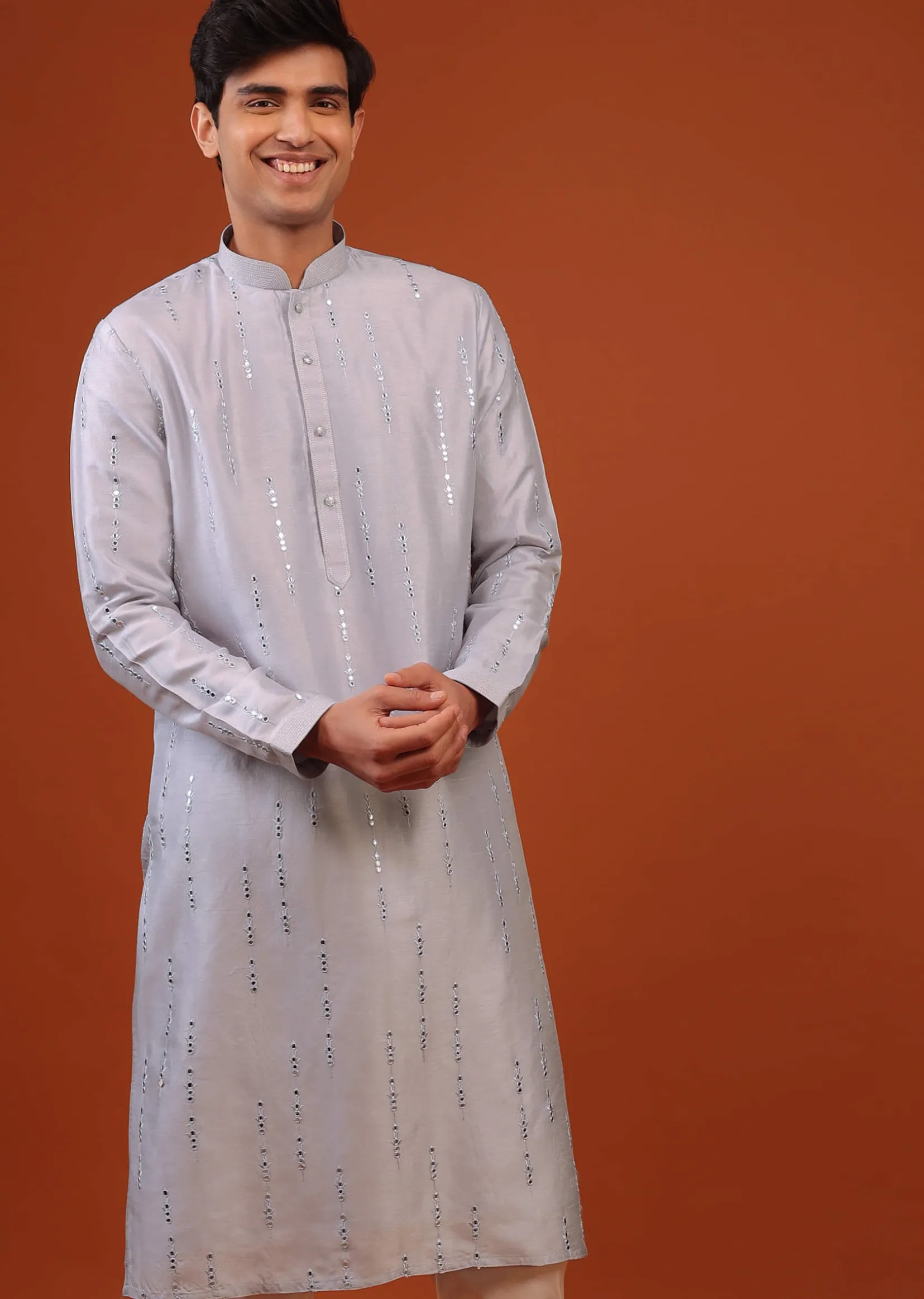 Lavender Purple Mirror Embroidered Silk Kurta Set