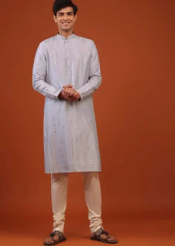 Lavender Purple Mirror Embroidered Silk Kurta Set