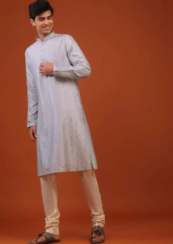 Lavender Purple Mirror Embroidered Silk Kurta Set