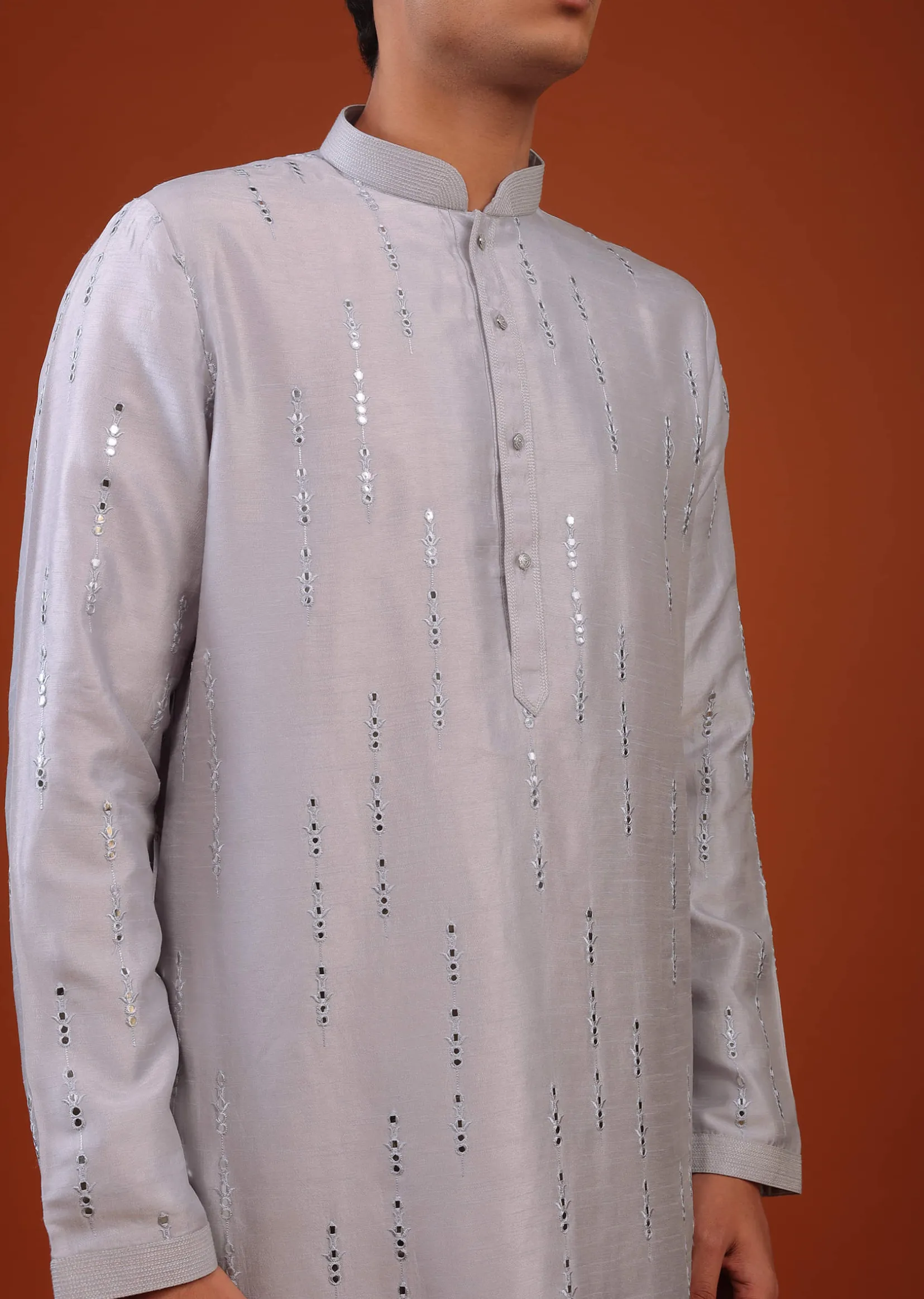 Lavender Purple Mirror Embroidered Silk Kurta Set