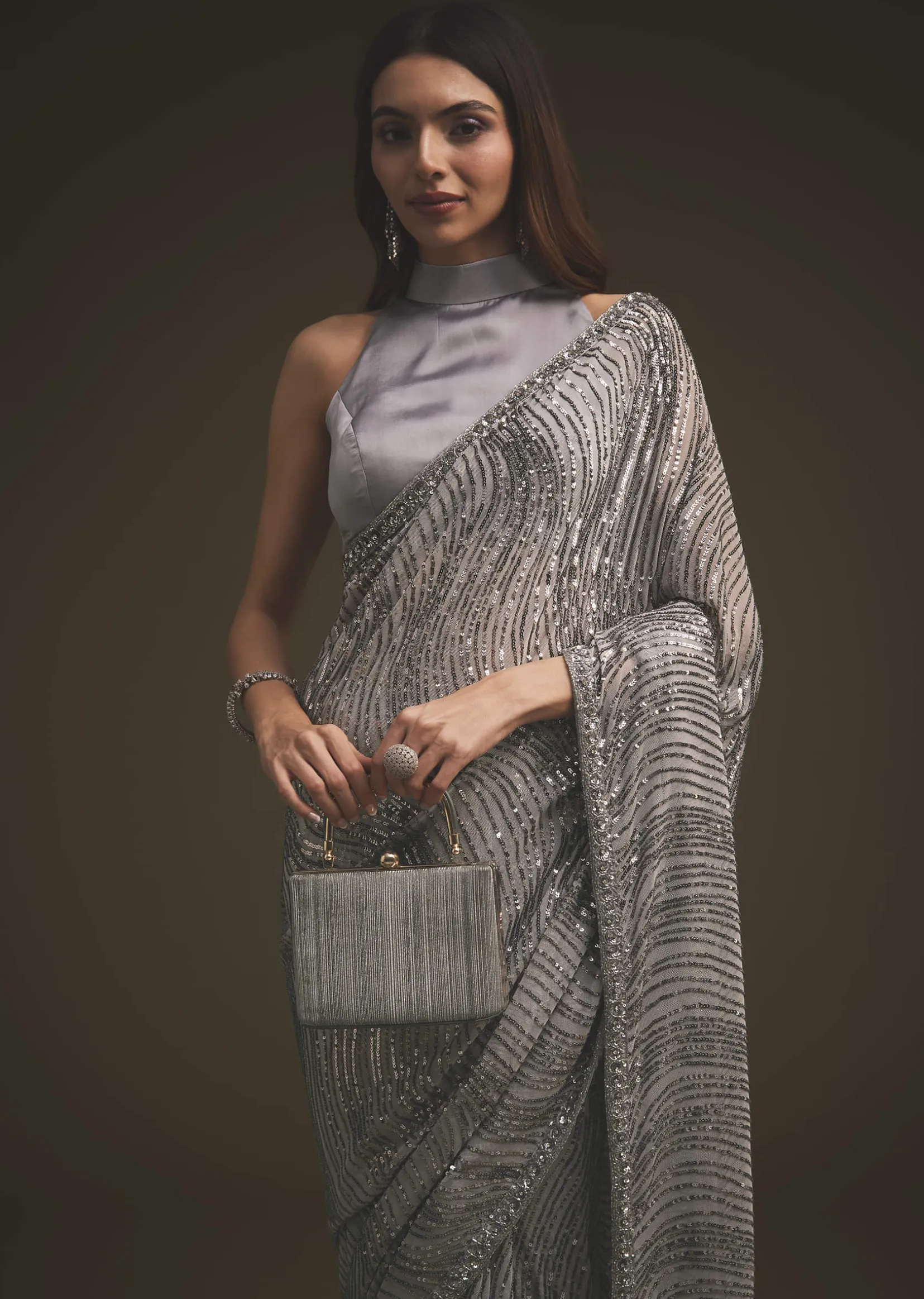 Lavender Purple Sequins Saree With An Embellished Border