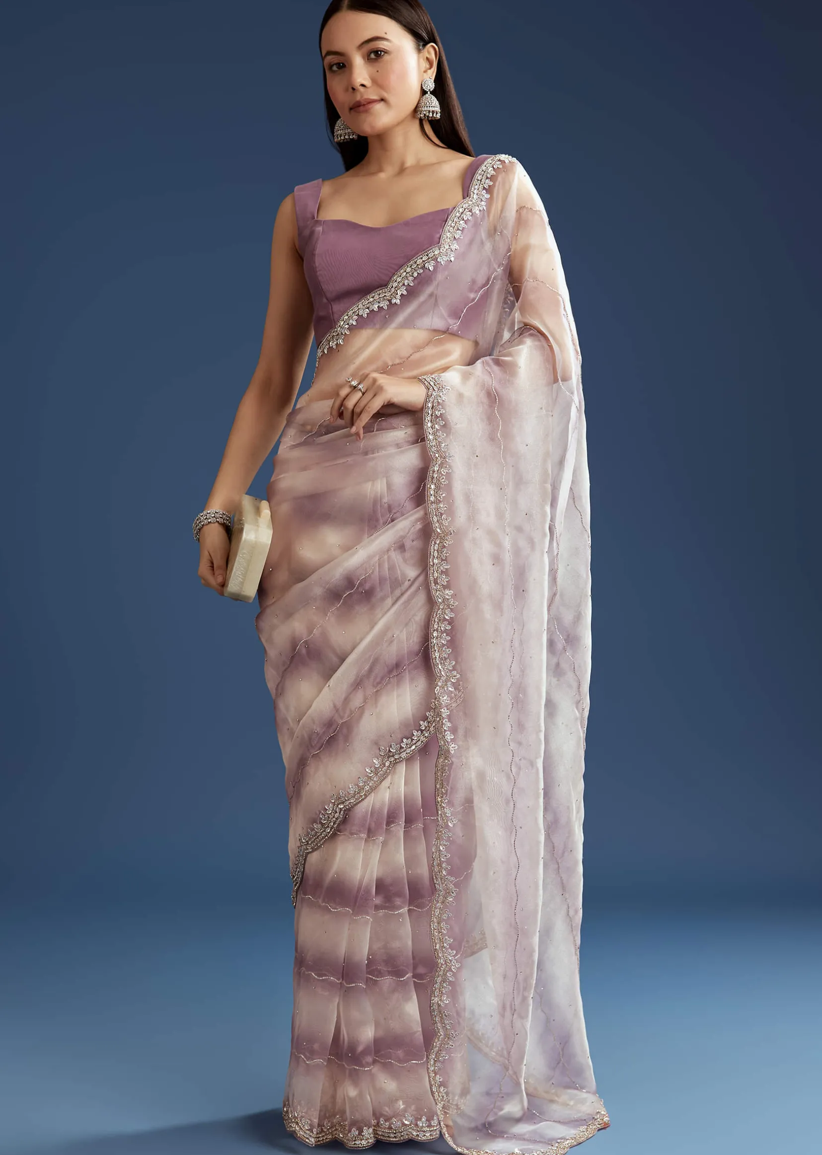 Lavender Shaded Glass Tissue Stone Embellished Saree With Cutdana And Beads