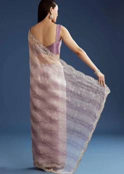 Lavender Shaded Glass Tissue Stone Embellished Saree With Cutdana And Beads