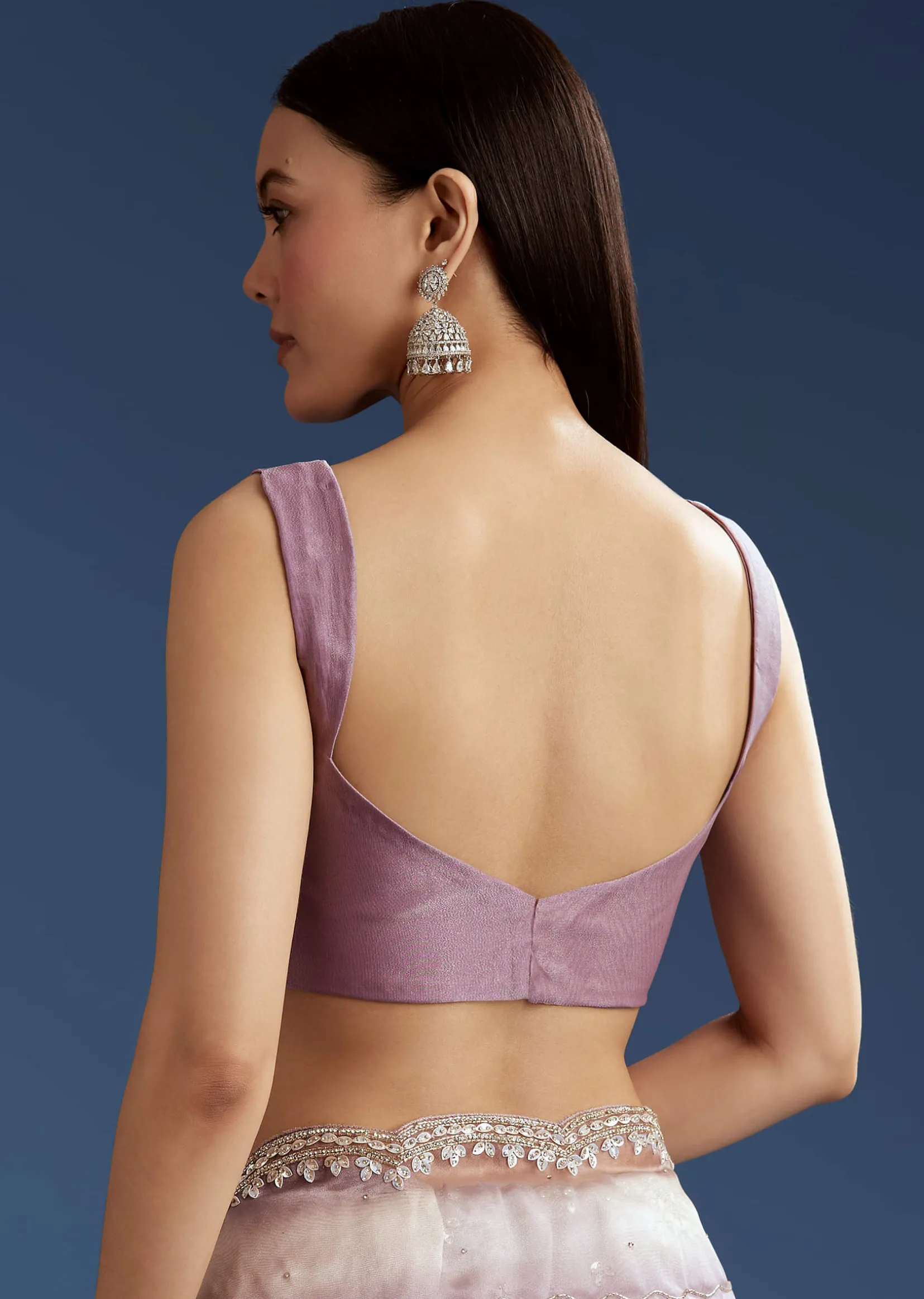 Lavender Shaded Glass Tissue Stone Embellished Saree With Cutdana And Beads
