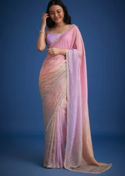 Lavender Shaded Soft Tissue Embroidered With Cudtana And Sequin Work