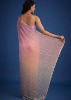 Lavender Shaded Soft Tissue Embroidered With Cudtana And Sequin Work