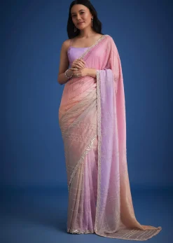 Lavender Shaded Soft Tissue Embroidered With Cudtana And Sequin Work