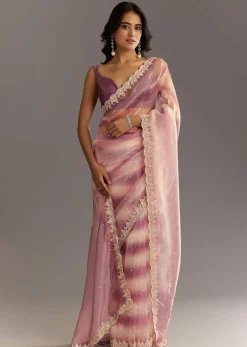 Lavender Shibori Organza Saree With Cutwork Scallop Embroidered Border