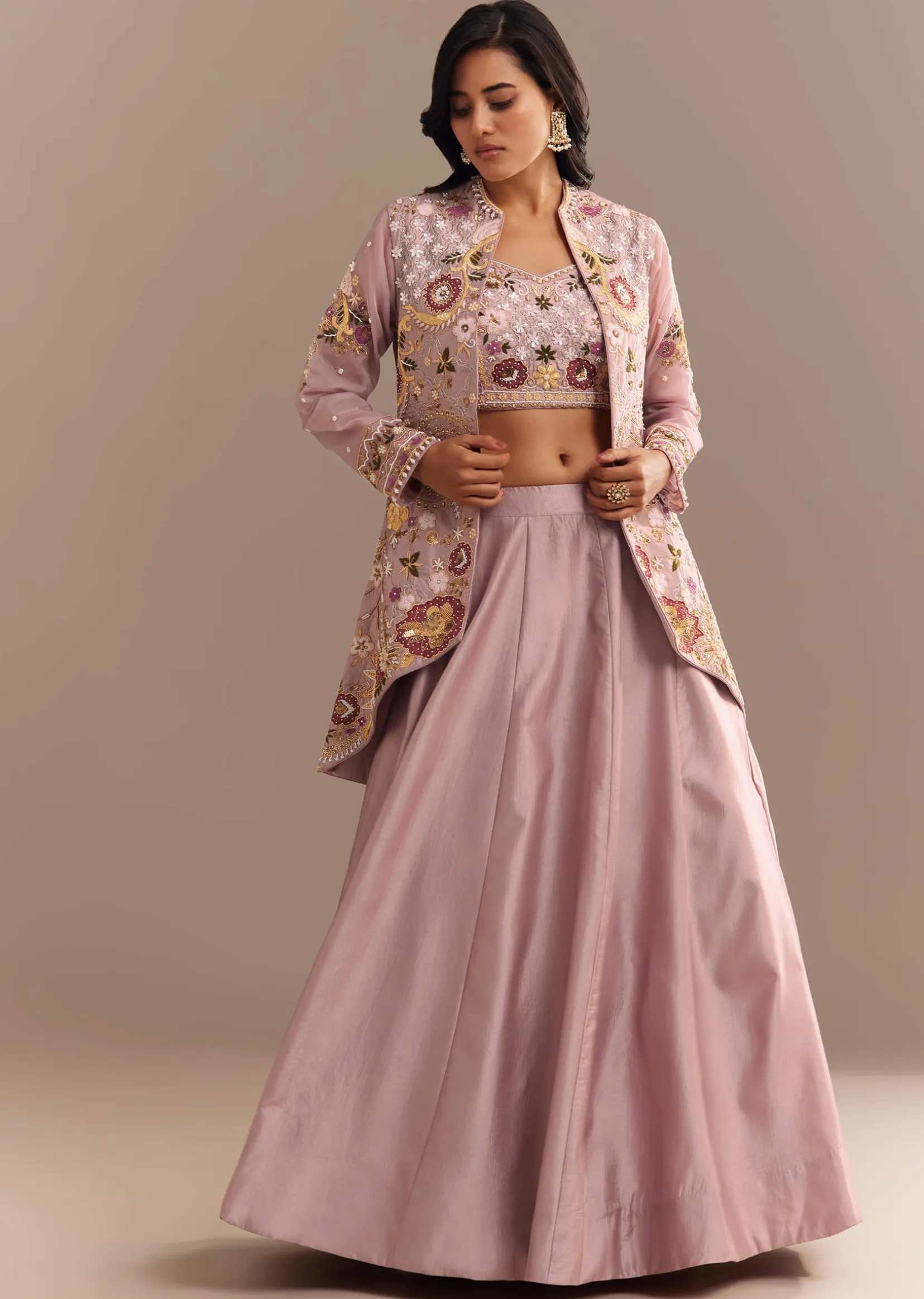 Lavender Silk Embroidered Jacket Lehenga Set