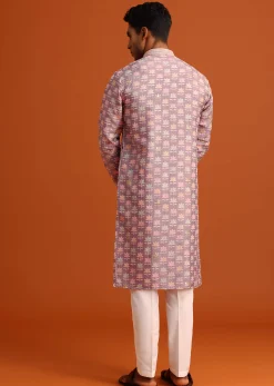 Lavender Silk Kurta And Pant Set With Printed Work