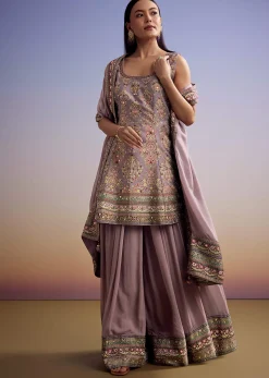 Lavender Silk Palazzo Suit With Stone Work And Printed Kurta