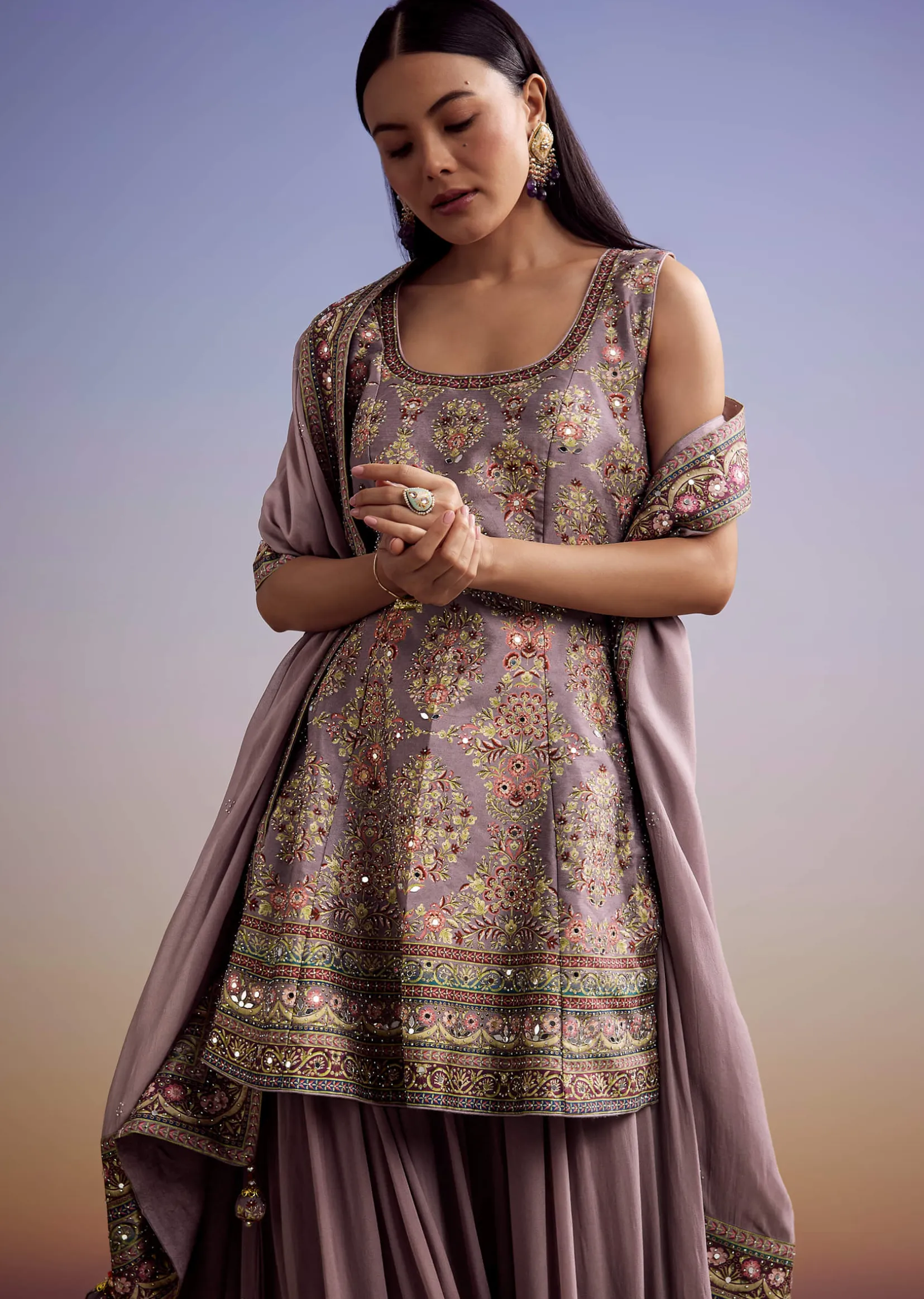 Lavender Silk Palazzo Suit With Stone Work And Printed Kurta