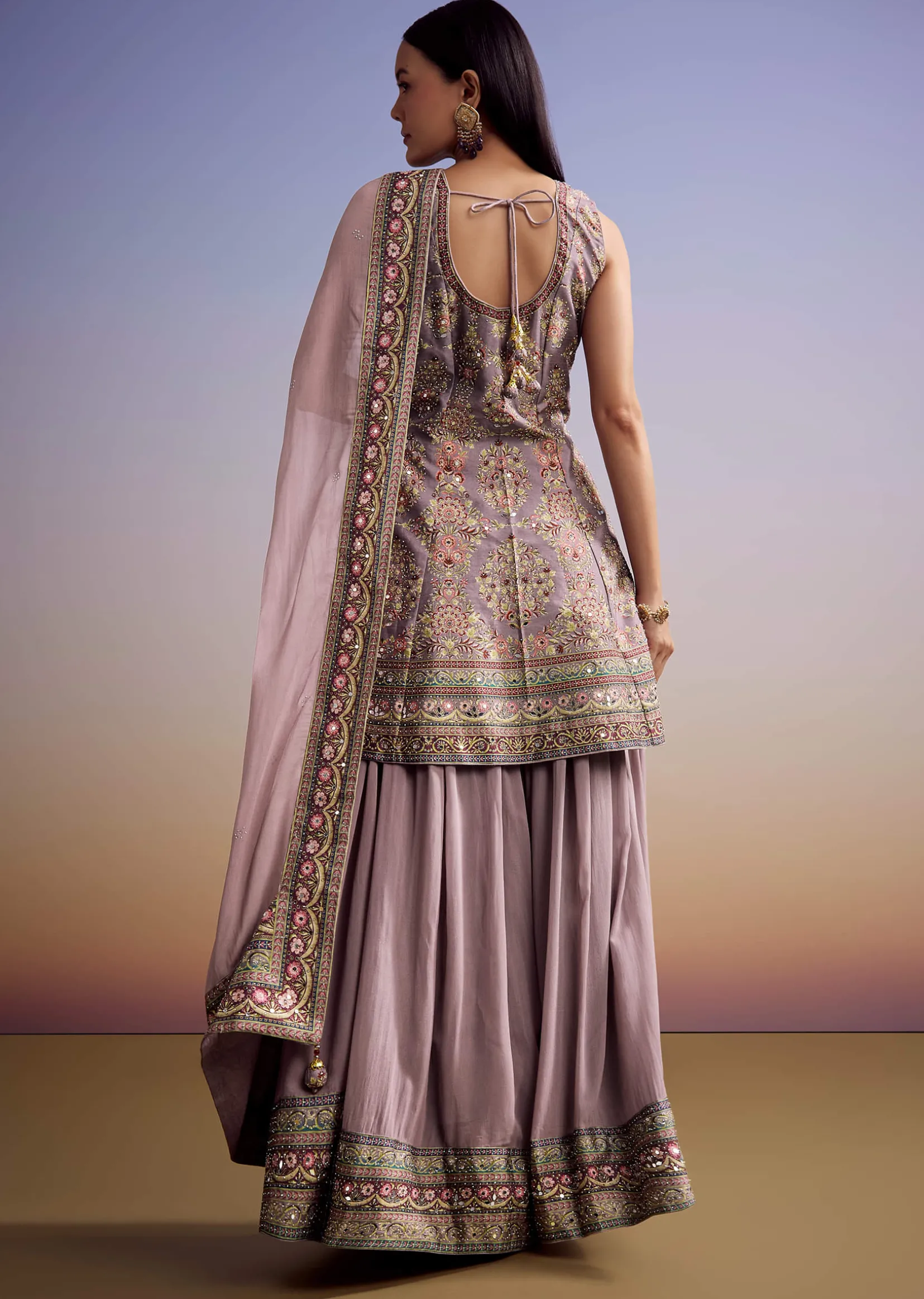Lavender Silk Palazzo Suit With Stone Work And Printed Kurta