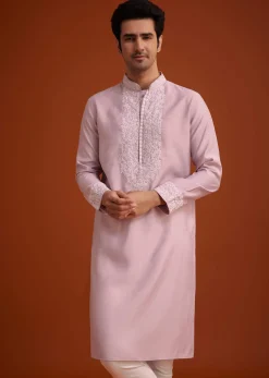 Lavender Silk Poly Viscose Kurta Set With Thread Embroidery