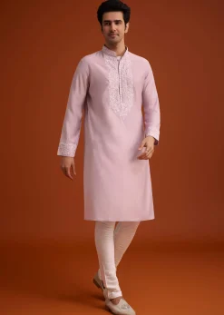 Lavender Silk Poly Viscose Kurta Set With Thread Embroidery