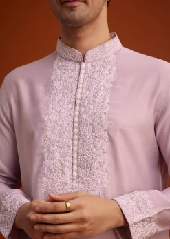 Lavender Silk Poly Viscose Kurta Set With Thread Embroidery
