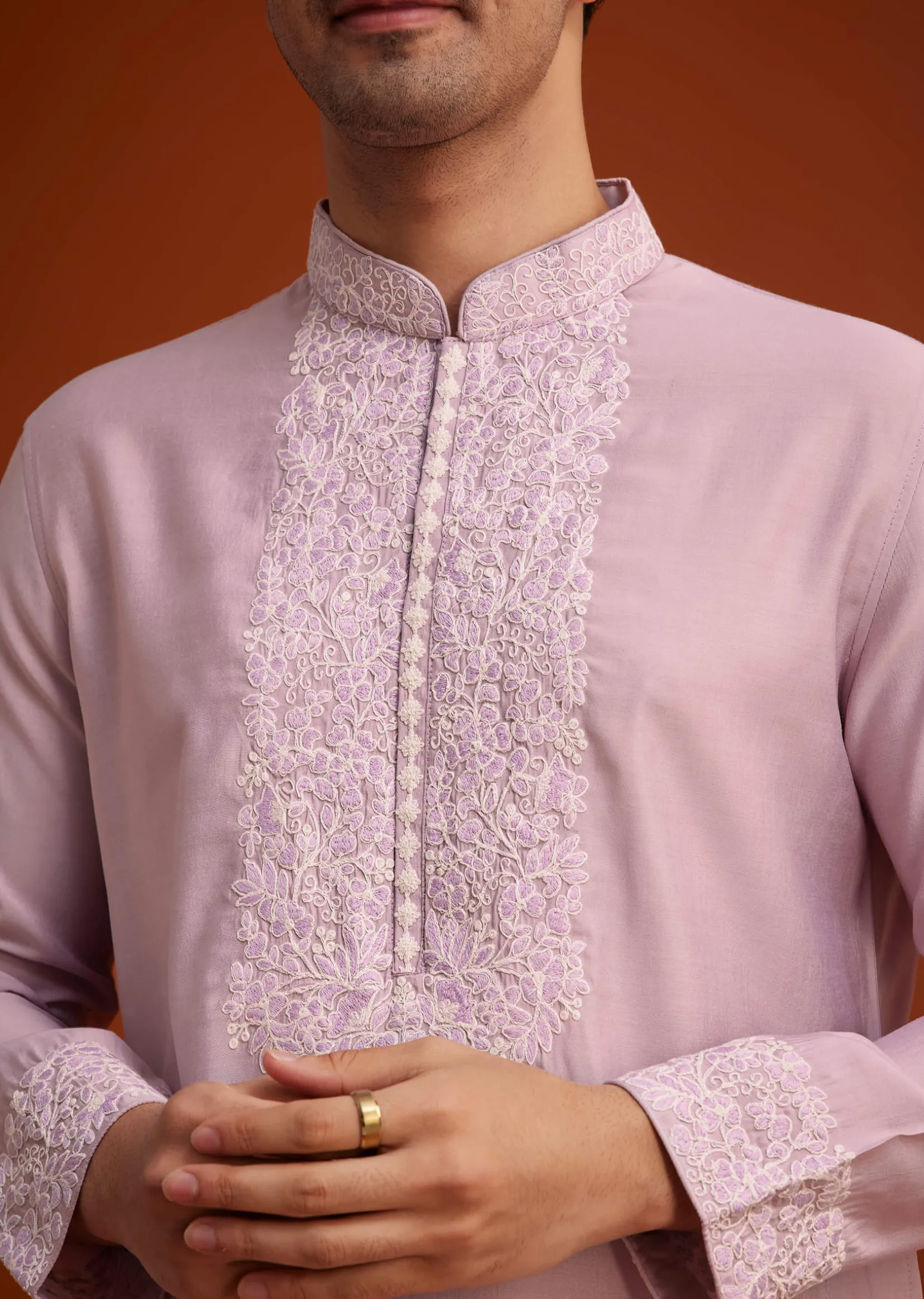 Lavender Silk Poly Viscose Kurta Set With Thread Embroidery