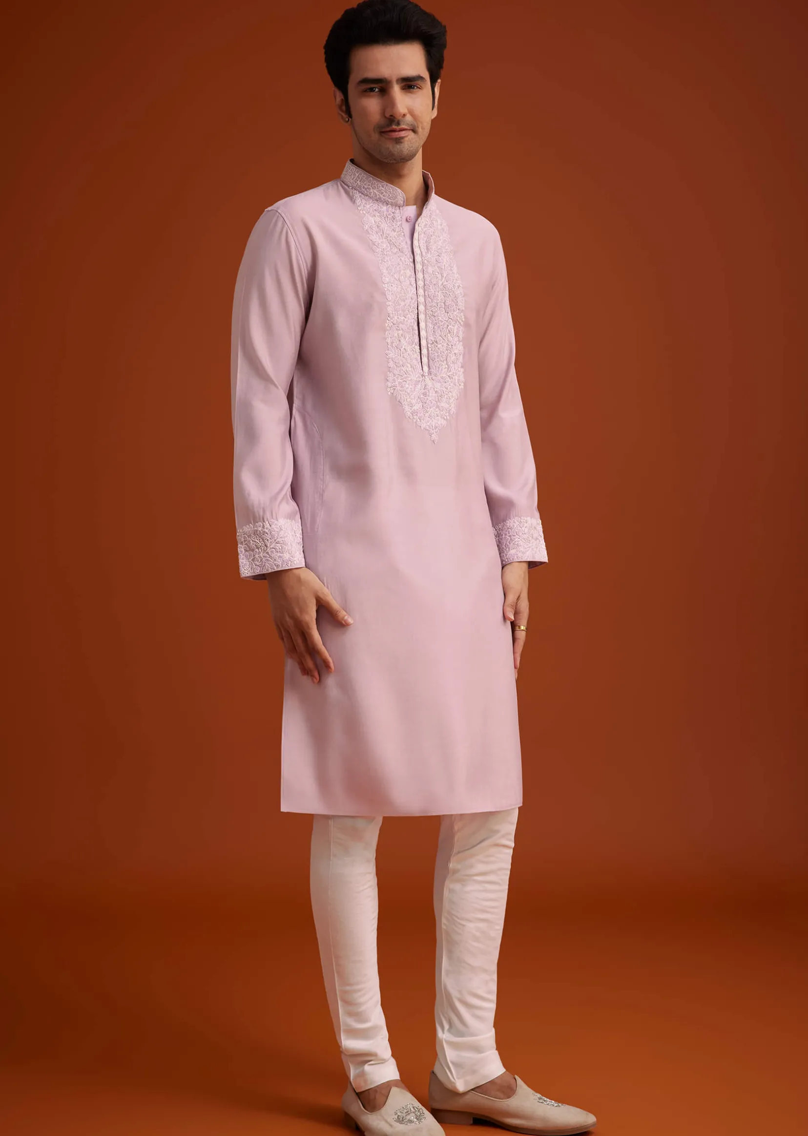 Lavender Silk Poly Viscose Kurta Set With Thread Embroidery