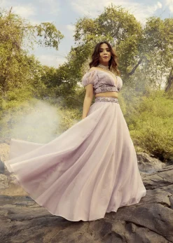 Lavender Skirt And Crop Top With Ruching Detail And Puffed Cold Shoulder Sleeves
