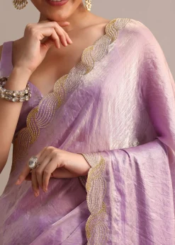 Lavender Soft Tissue Saree With Zari Embroidered Border