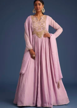 Lavender Tissue Embroidered Anarkali With Organza Dupatta