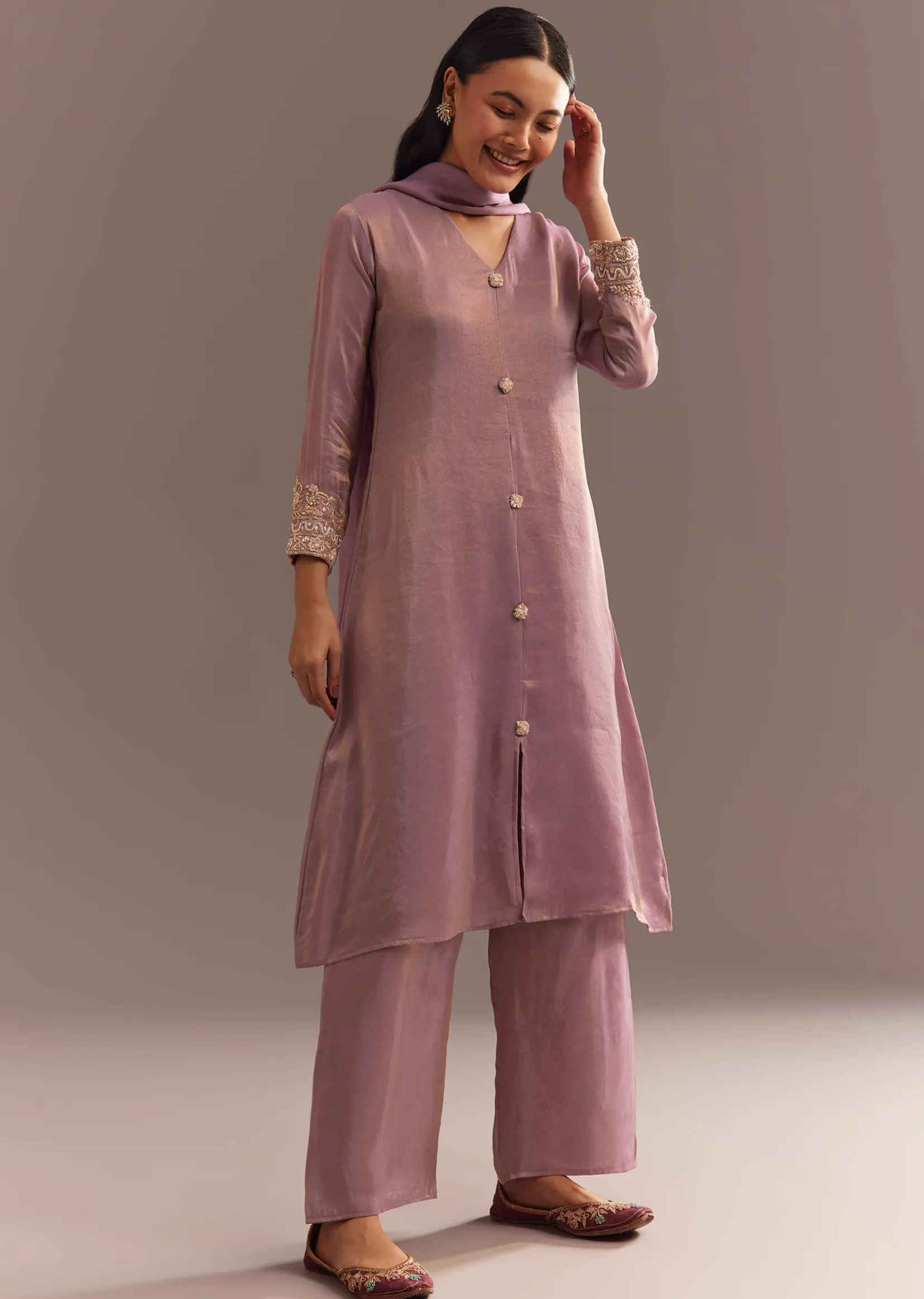 Lavender Tissue Embroidered Kurta Pant With Organza Dupatta