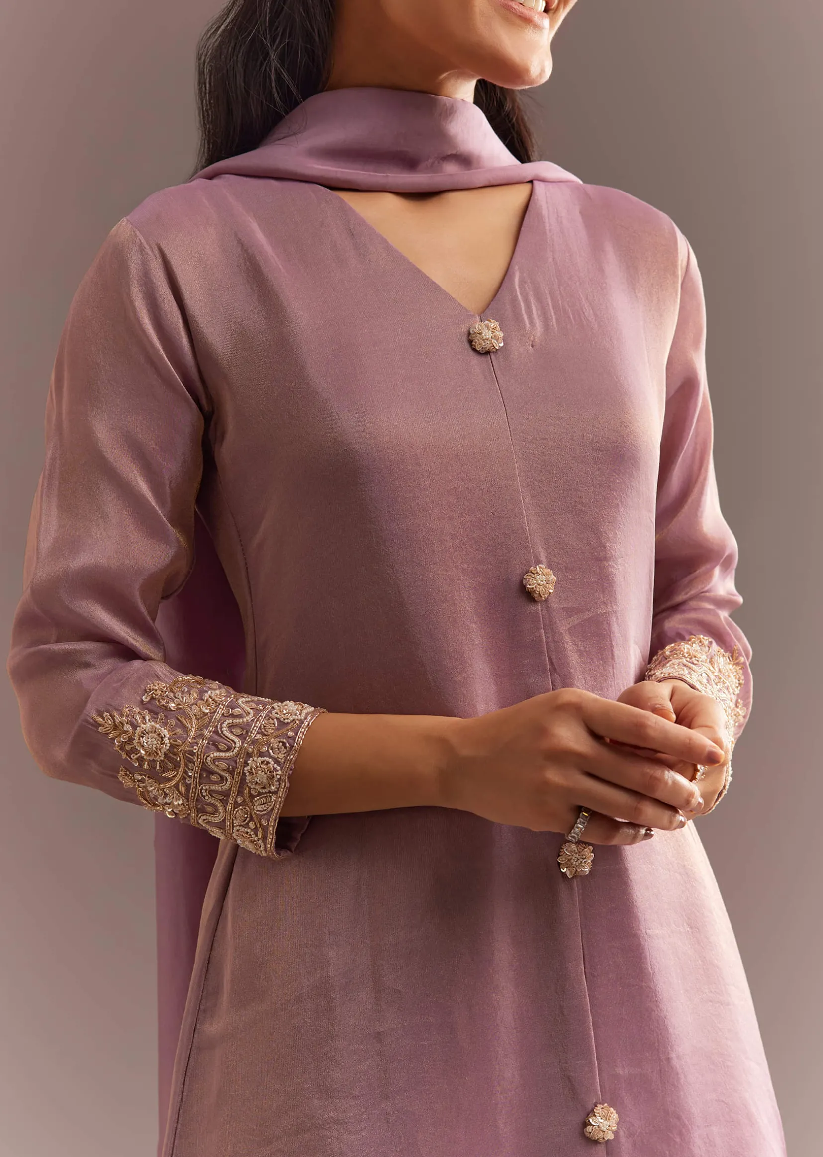 Lavender Tissue Embroidered Kurta Pant With Organza Dupatta