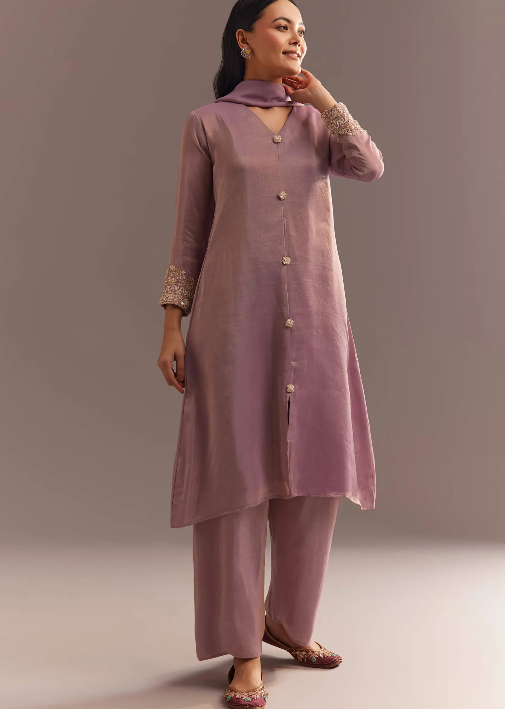 Lavender Tissue Embroidered Kurta Pant With Organza Dupatta