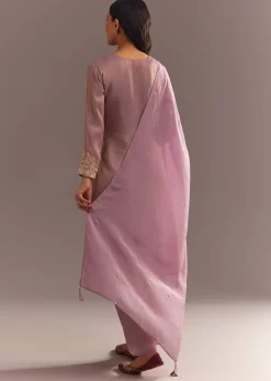 Lavender Tissue Embroidered Kurta Pant With Organza Dupatta