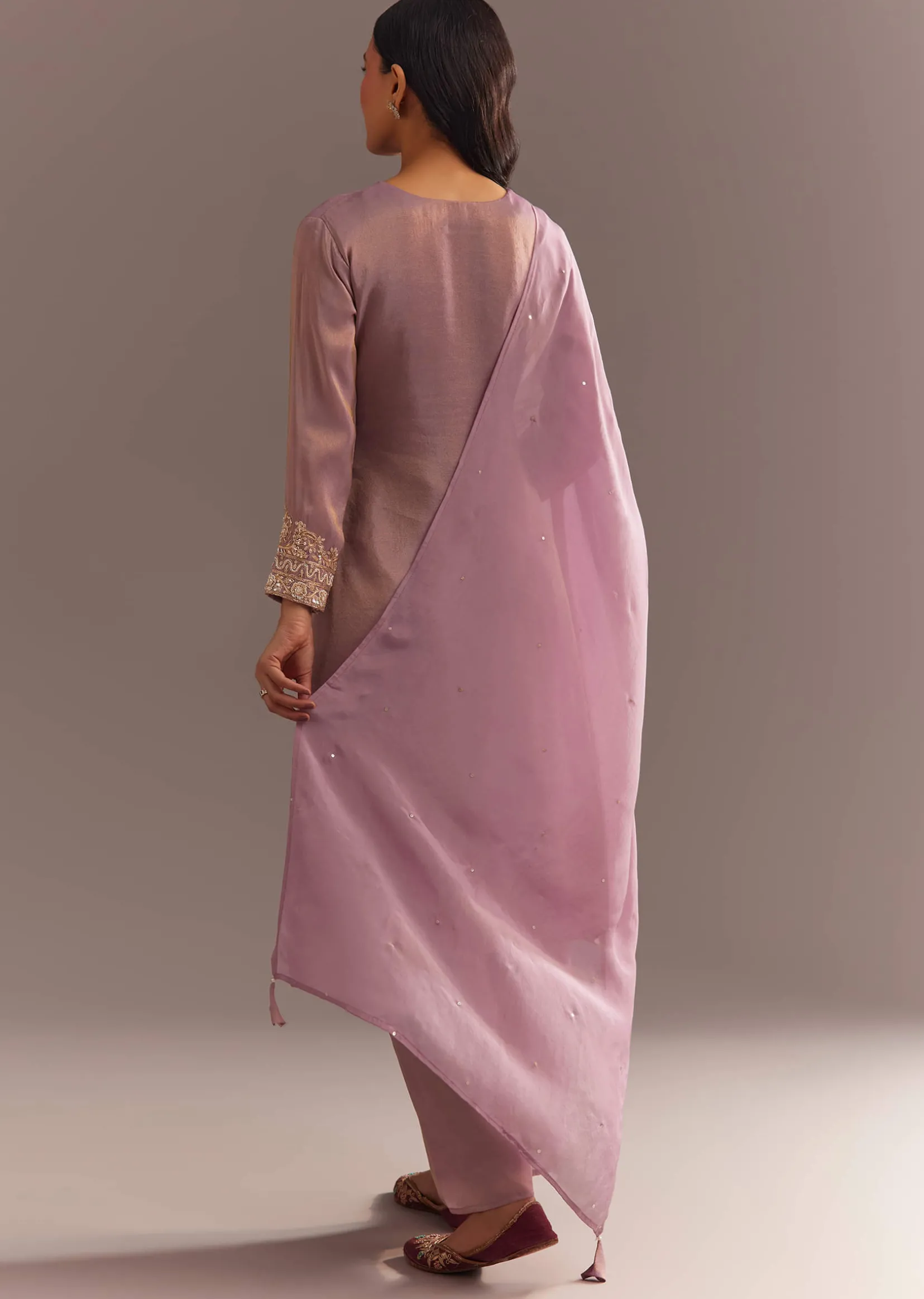 Lavender Tissue Embroidered Kurta Pant With Organza Dupatta