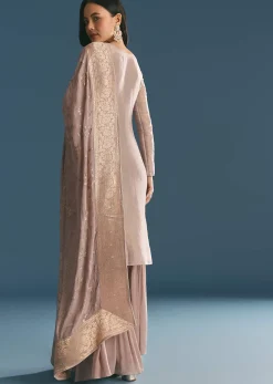 Lavender Tissue Kurta Sharara Suit With Moti And Cutdana Work