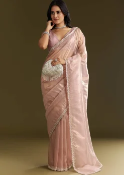 Lavender Tissue Saree With All Over Stone Embellishment And Cutdana Scallop Border