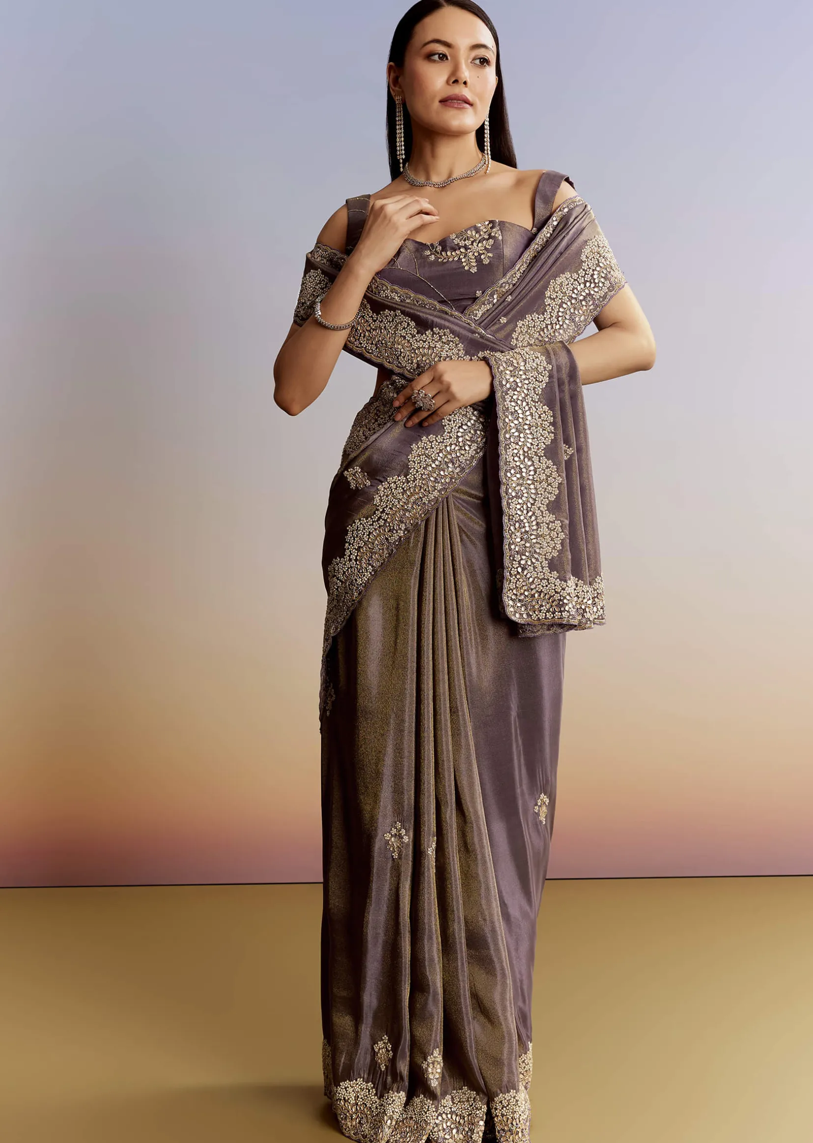 Lavender Tissue Saree With Zardosi And Gota Work