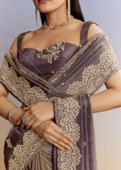 Lavender Tissue Saree With Zardosi And Gota Work