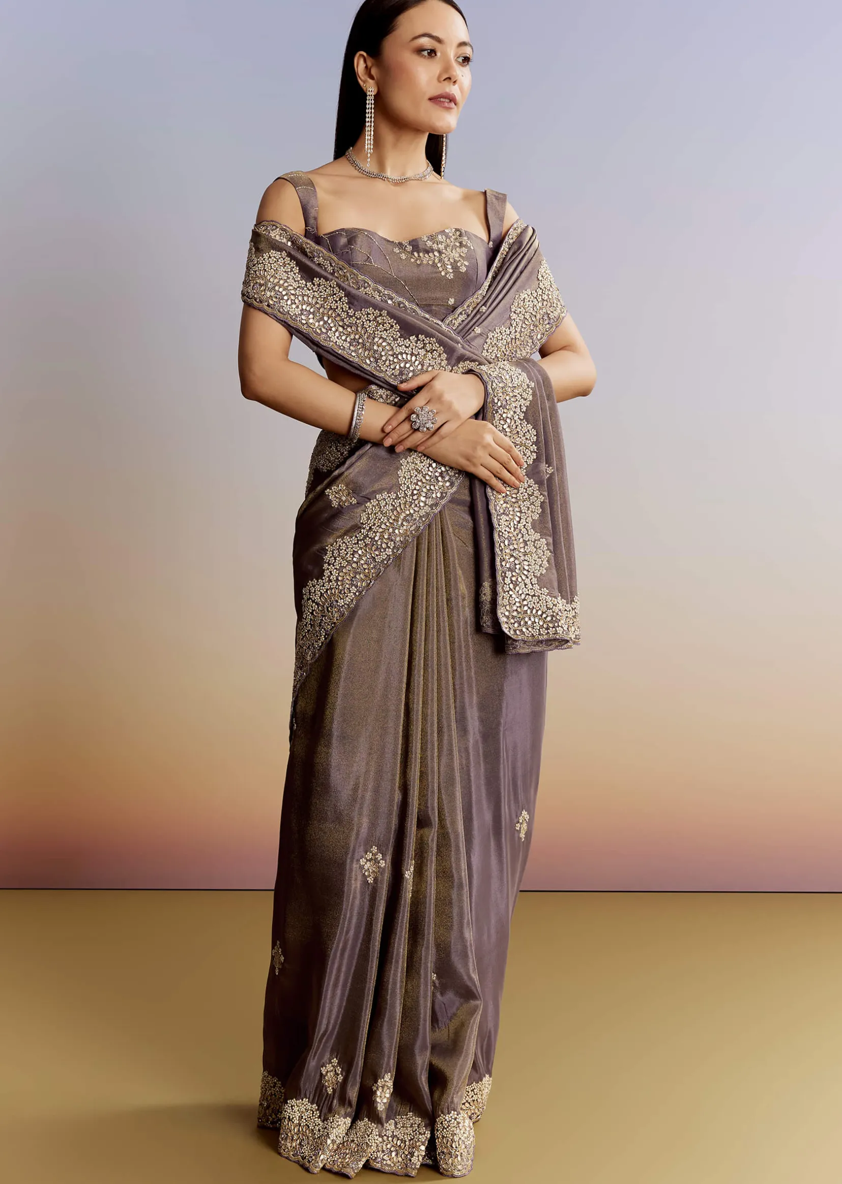 Lavender Tissue Saree With Zardosi And Gota Work