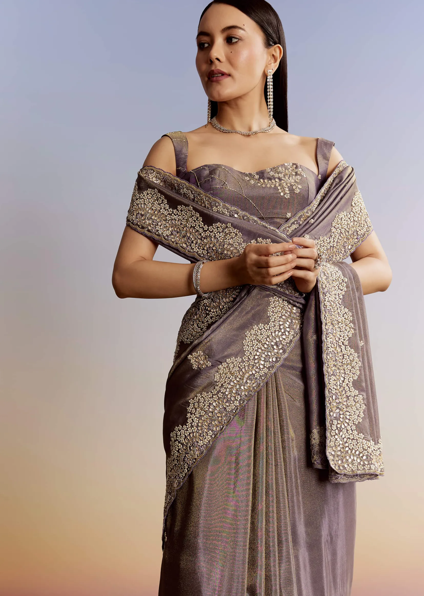 Lavender Tissue Saree With Zardosi And Gota Work