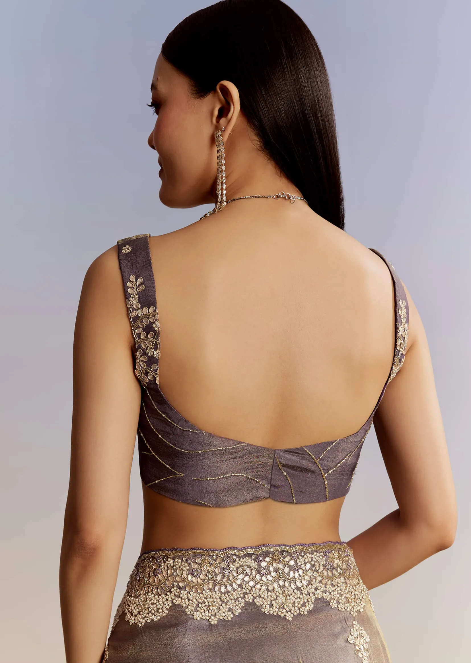 Lavender Tissue Saree With Zardosi And Gota Work