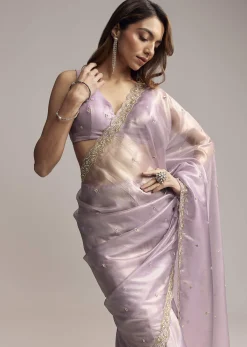 Lavender Tissue Saree With Cutdana And Butti Embroidery