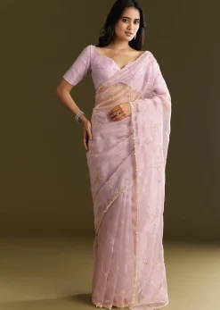 Lavender Tissue Saree With Cutdana And Sequins Embroidery And Scallop Border