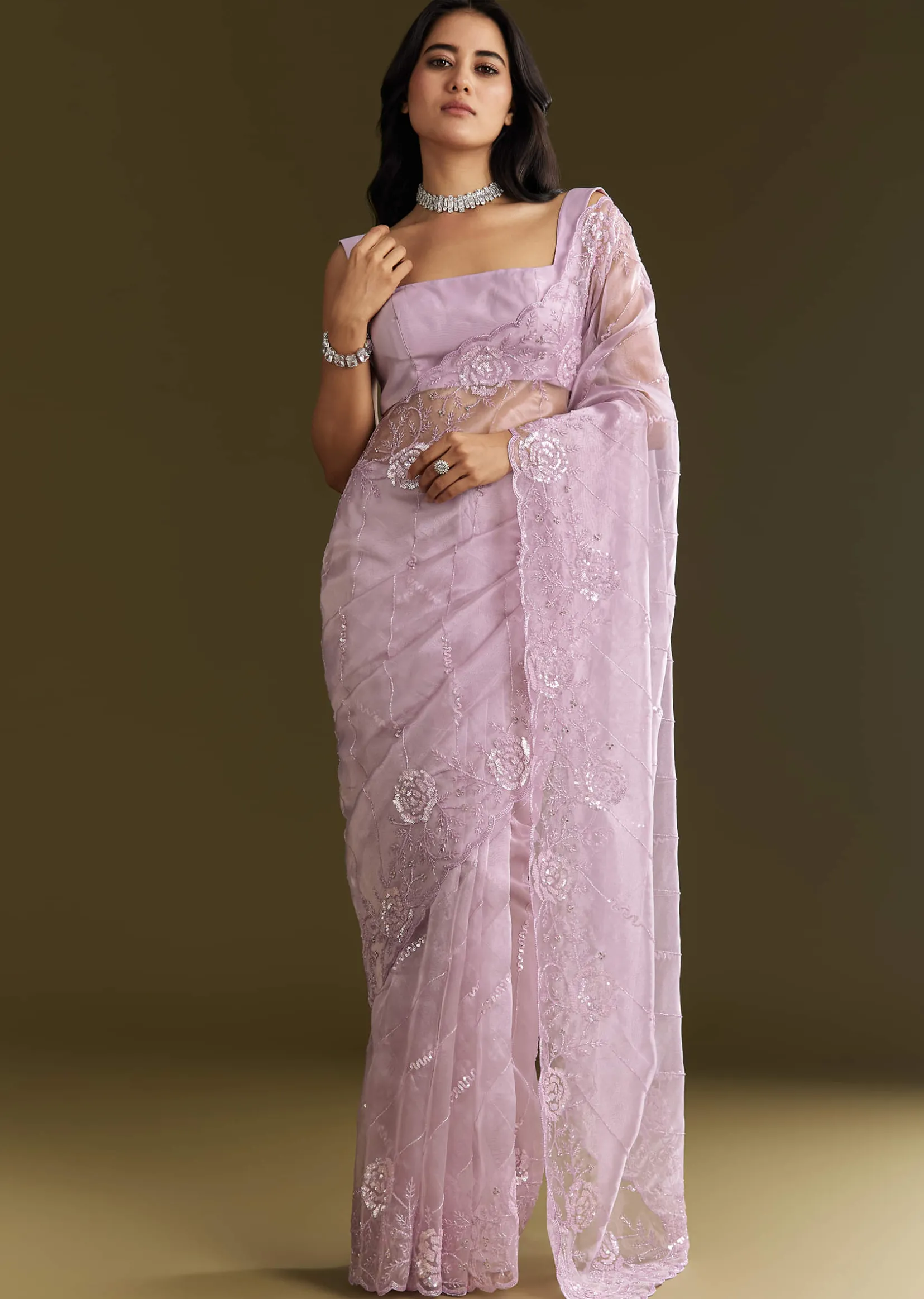 Lavender Tissue Saree With Floral Embroidery And Scallop Border