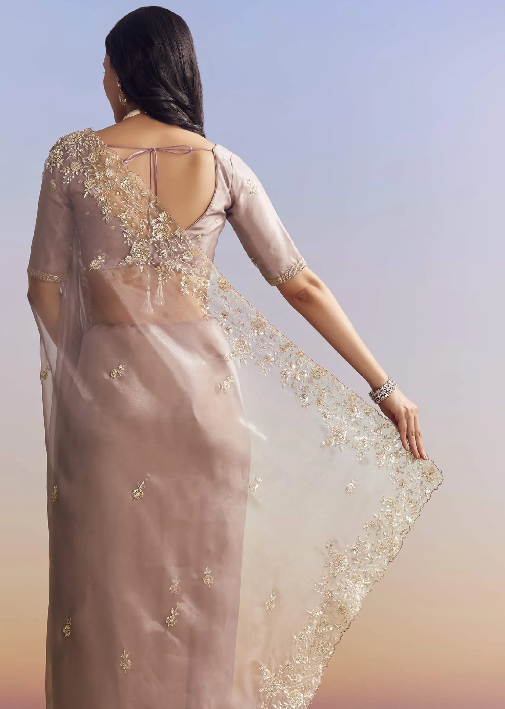 Lavender Tissue Saree With Floral Motifs In Moti Beads And Sequins