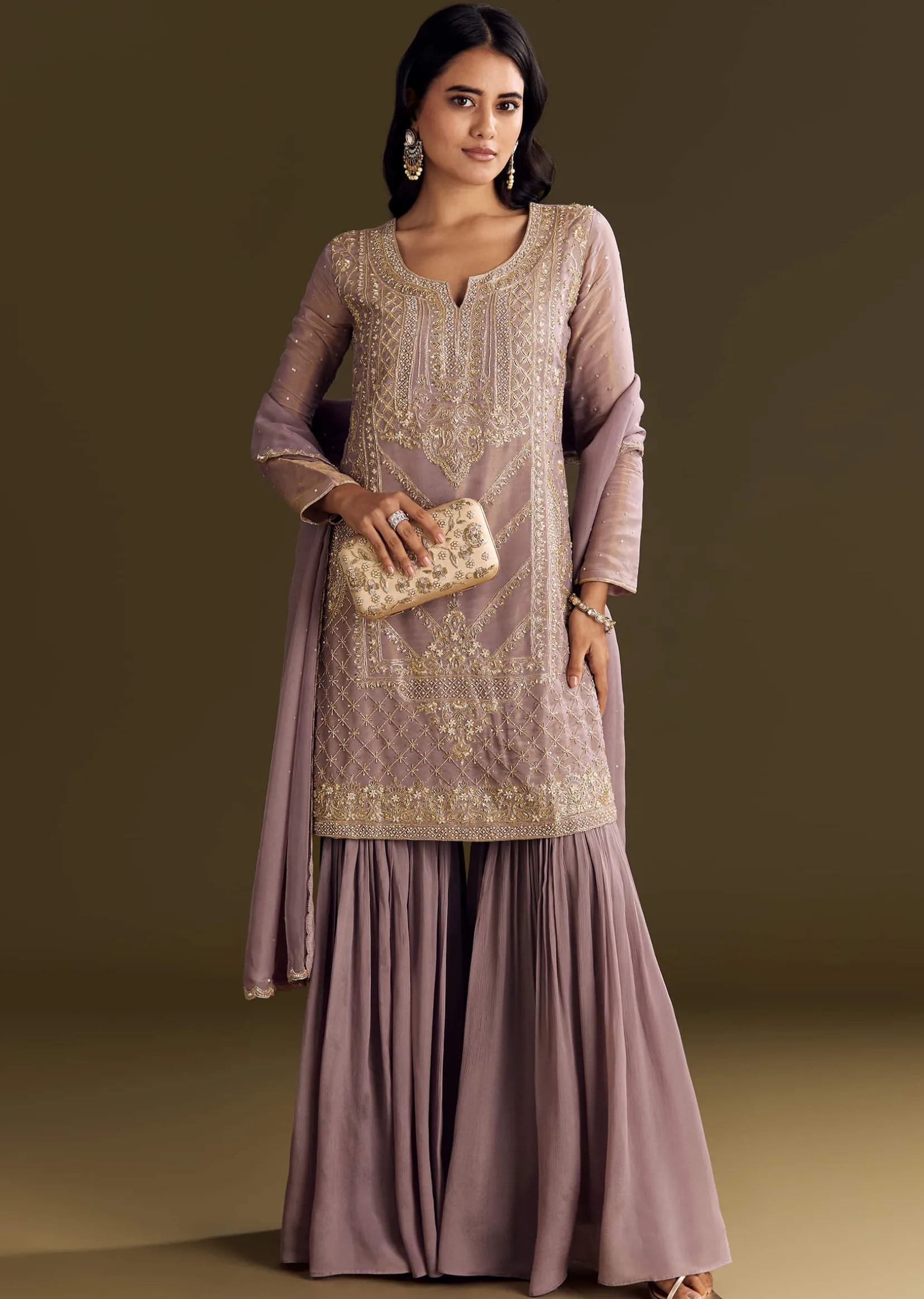 Lavender Tissue Zardosi Embroidered Kurta Set With Organza Dupatta