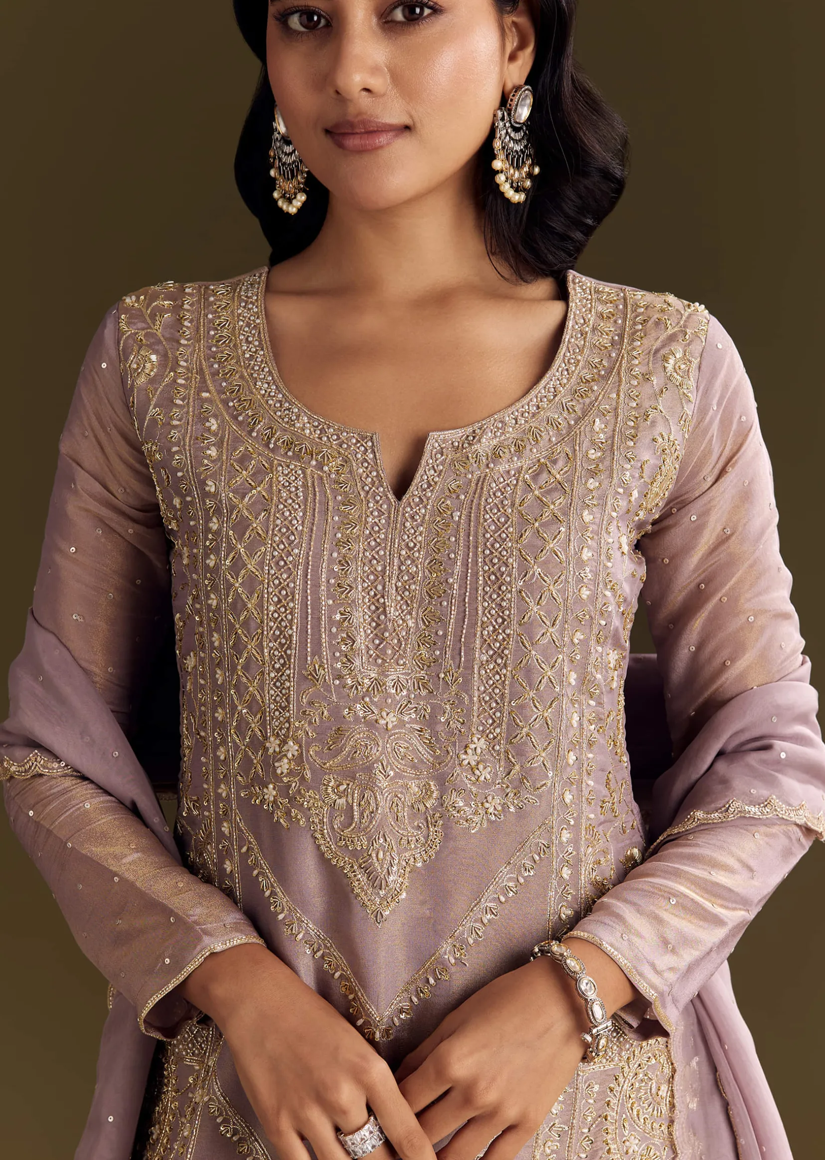 Lavender Tissue Zardosi Embroidered Kurta Set With Organza Dupatta