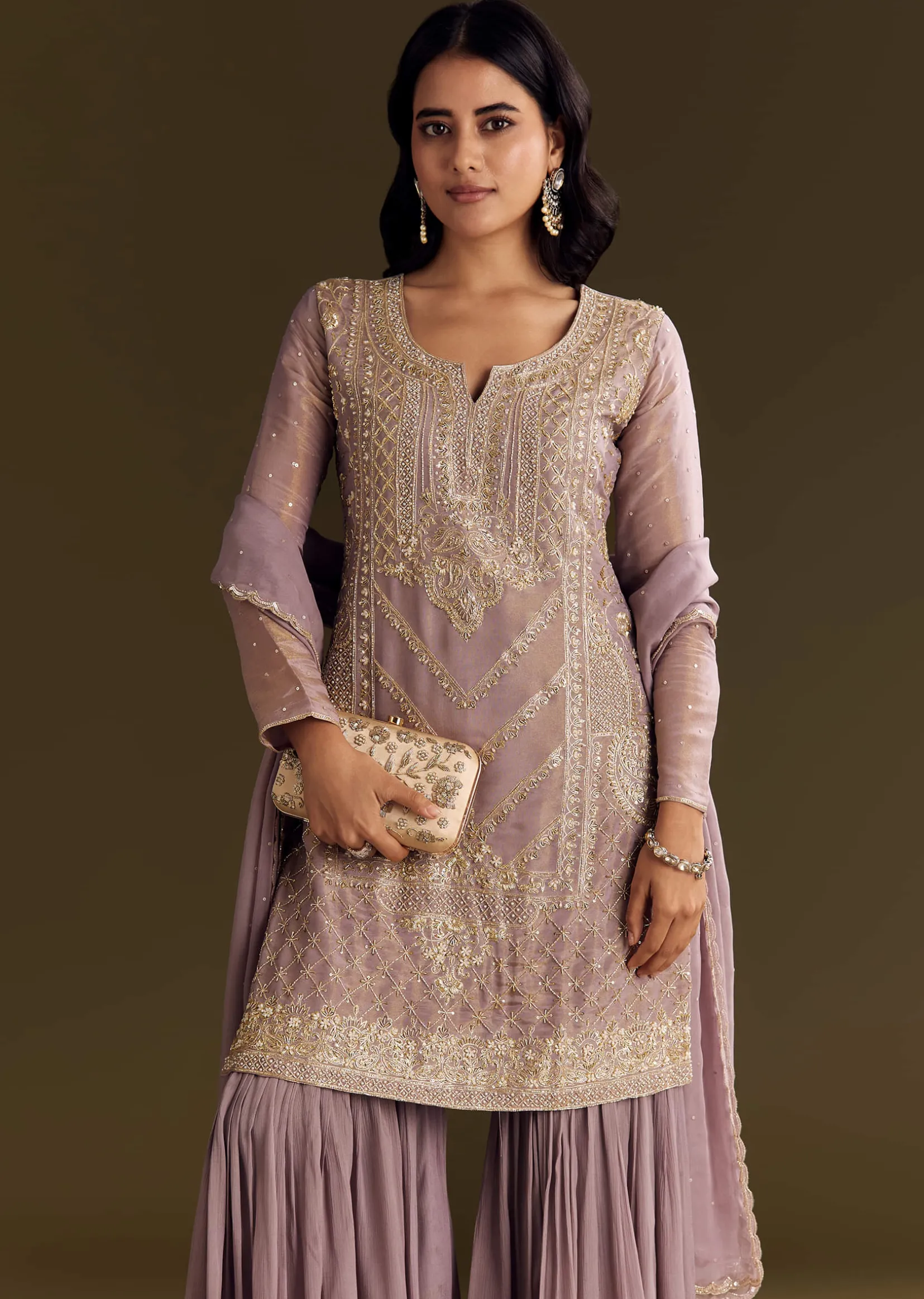Lavender Tissue Zardosi Embroidered Kurta Set With Organza Dupatta